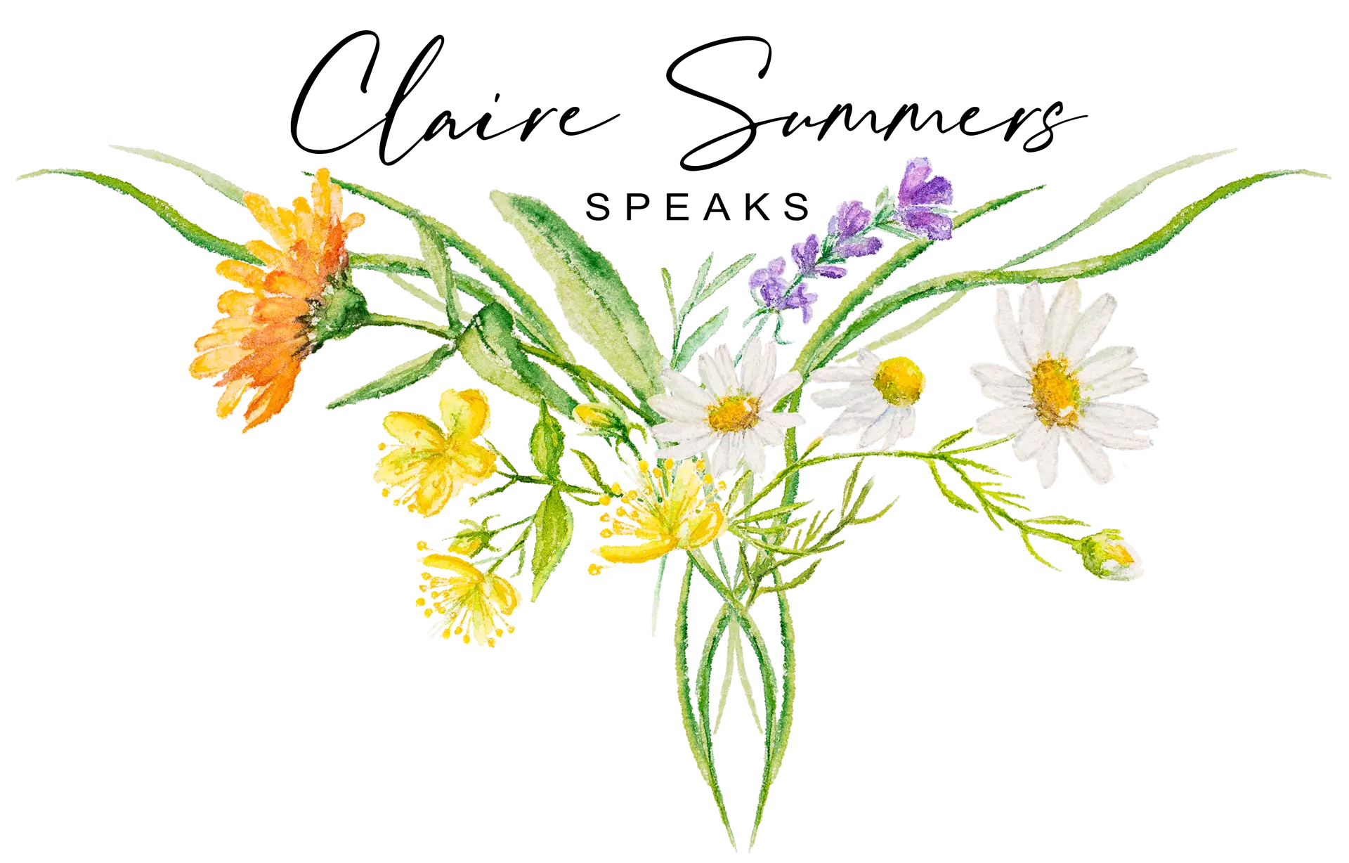 A watercolor illustration of a floral arrangement featuring daisies, marigolds, and lavender.